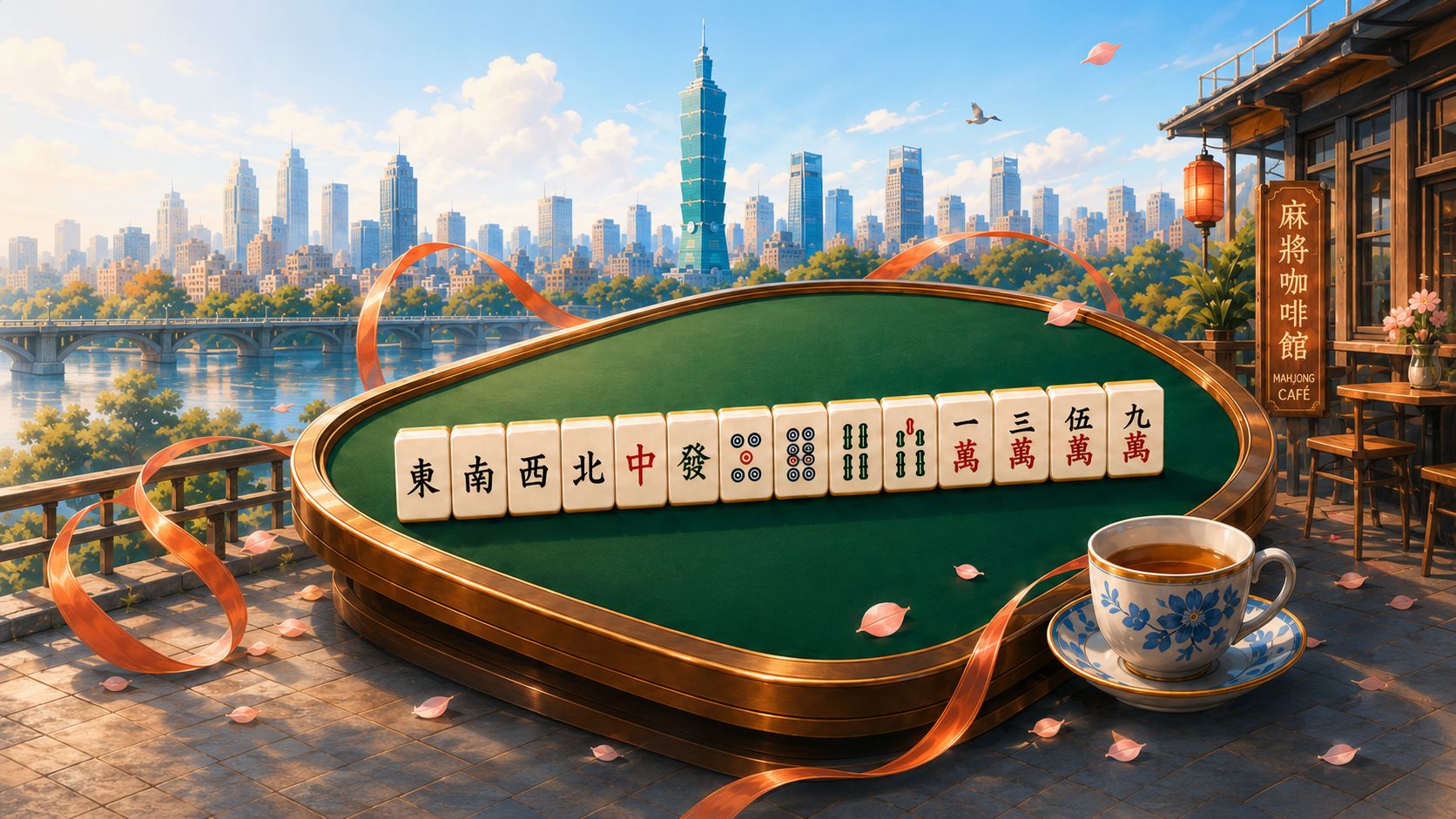 A green-felt mahjong table with a brass rail on a Taipei café terrace, tiles laid out, the skyline beyond.